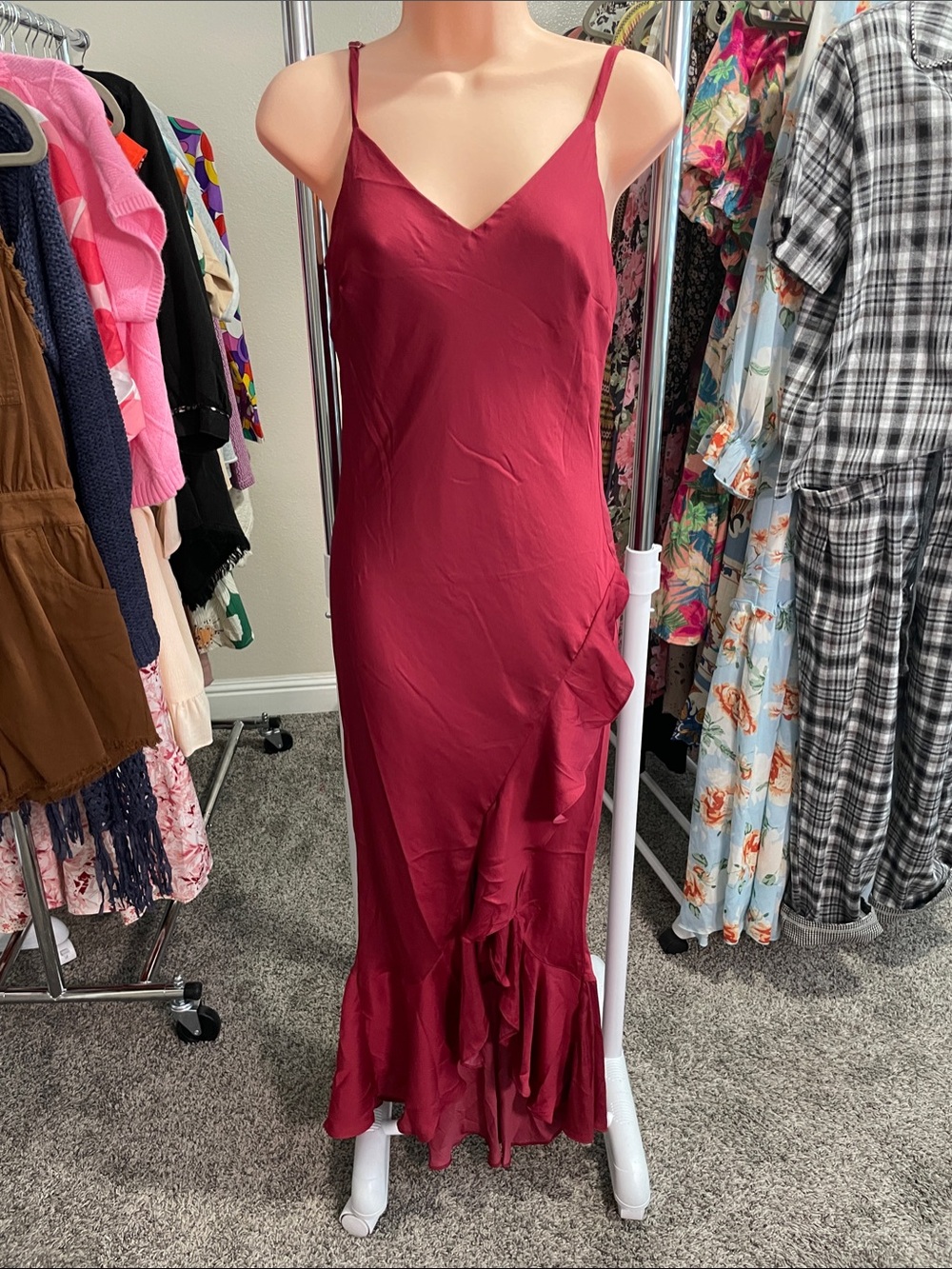 eesome Wine Red Slip Maxi Dress with Ruffle Hem